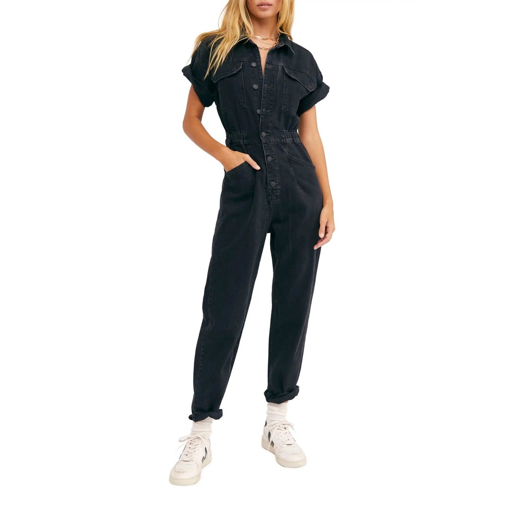 Free People Marci Denim Jumpsuit M Iron Black Utility Coverall Boiler Suit Work